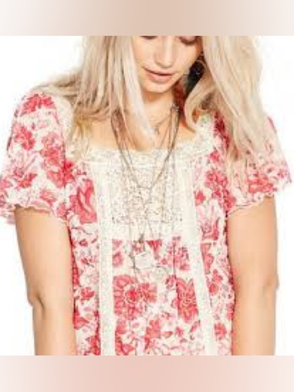 Denim & Supply Ralph Lauren Cream Short Sleeve Top with Pink Floral Print